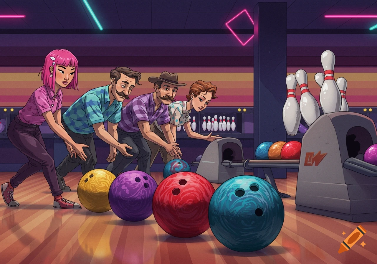 A vibrant, stylized illustration of a diverse group of people bowling in a retro-themed alley. Several colorful bowling balls are on the lane.