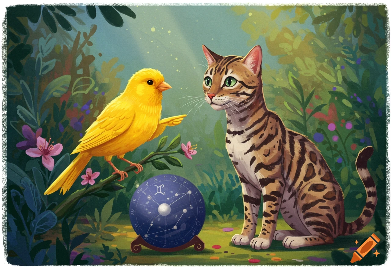 A yellow canary and a striped Bengal cat look at each other beside an astrology globe in a vibrant, illustrated forest.