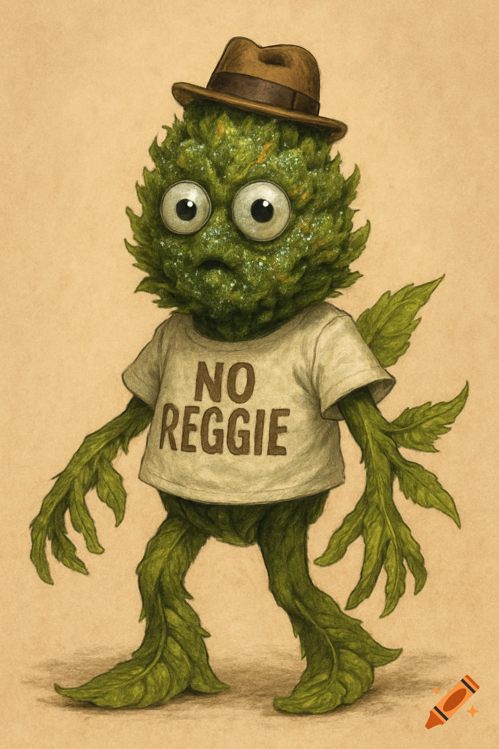 A cartoonish, googly-eyed green leaf creature wearing a fedora and a white t-shirt that says "NO REGGIE". It has leafy arms and legs.