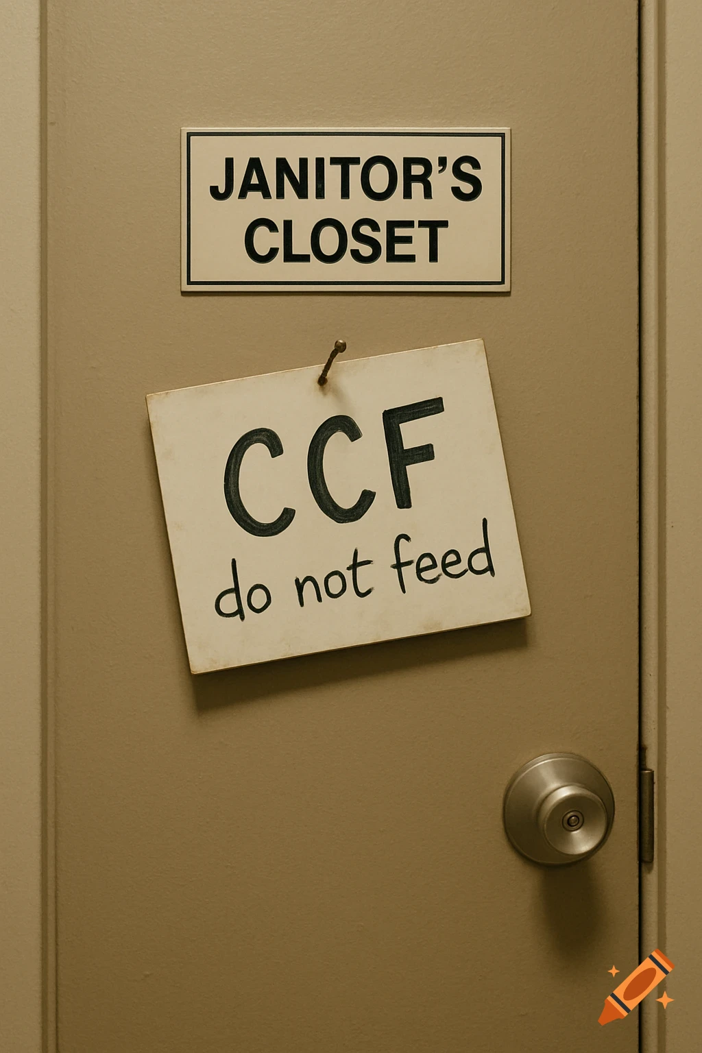 A brown door with a 'JANITOR'S CLOSET' sign and a crooked handwritten 'CCF do not feed' sign below it.