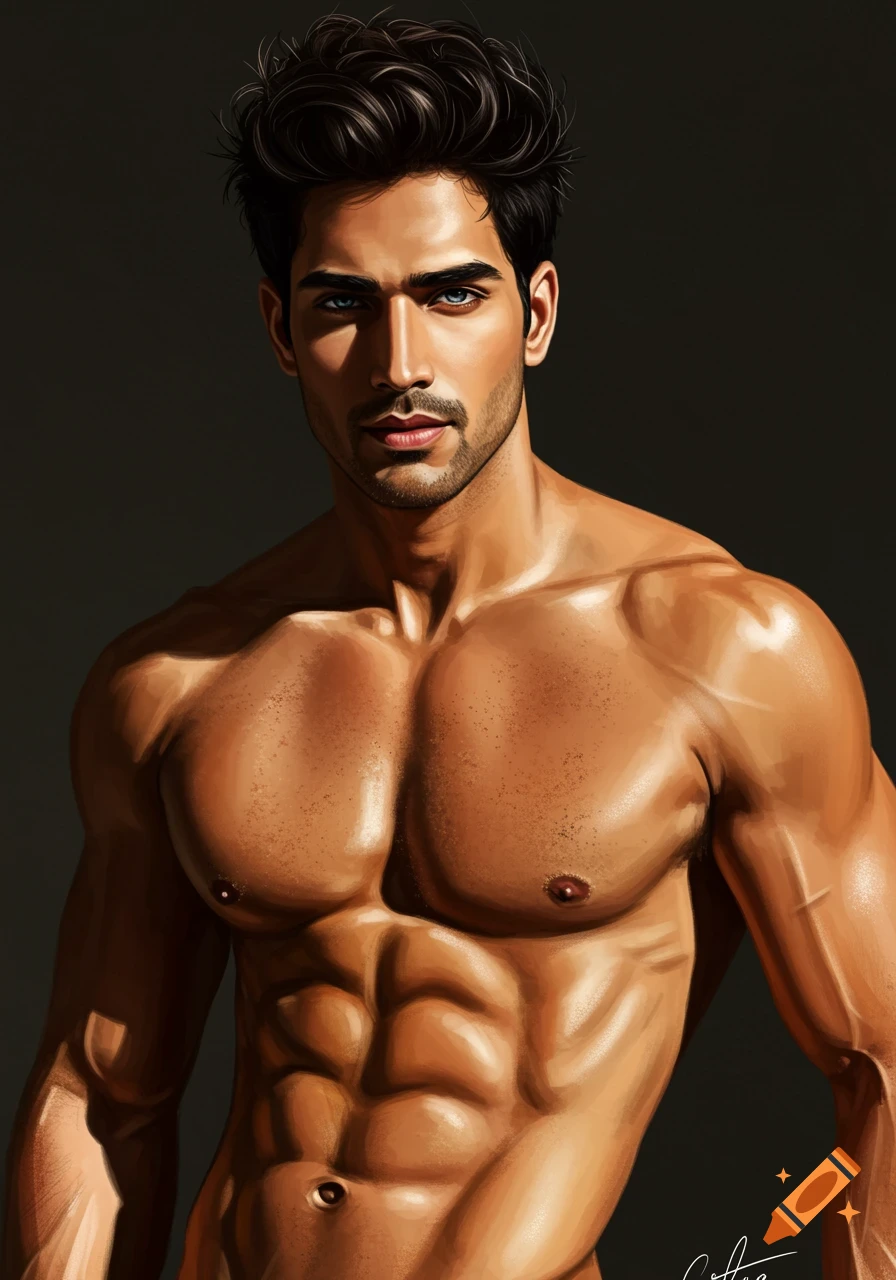 A muscular shirtless man with dark hair and blue eyes looking forward, in a digital painting style.