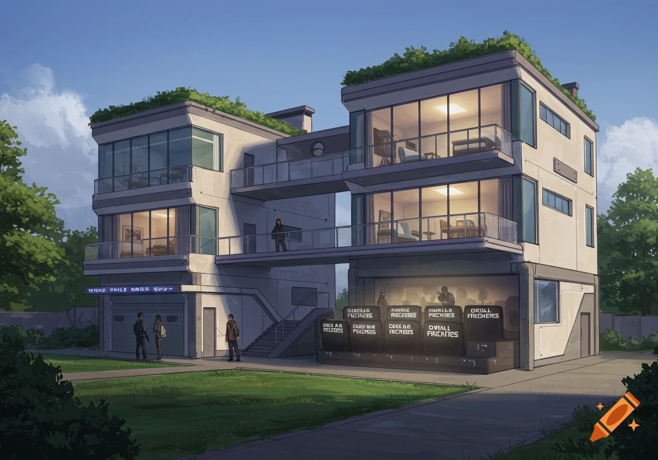 A stylized illustration of two modern, multi-story buildings with large windows and green roofs, connected by a walkway. People are visible outside and inside the buildings.