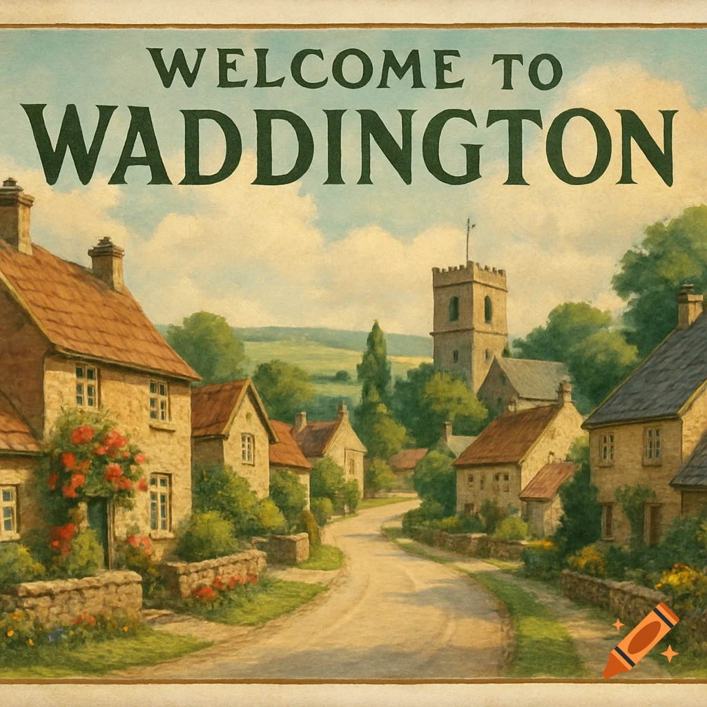 A vintage painting of a quaint village with stone cottages, a winding road, and a church tower, under a sign saying 'Welcome to Waddington'.