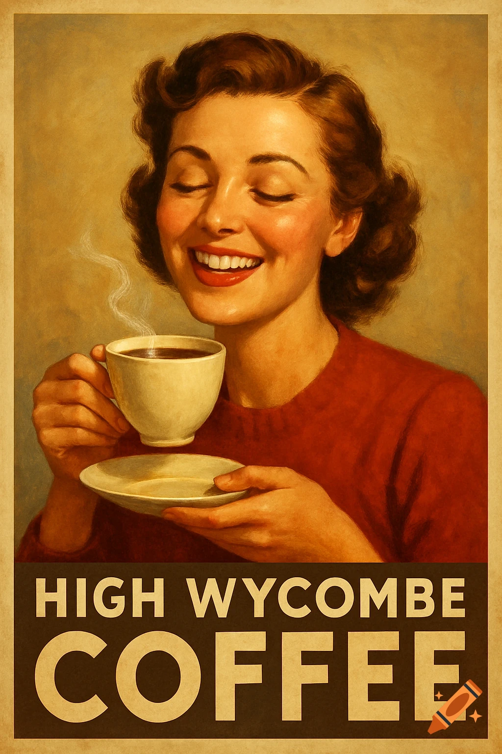 A vintage-style poster shows a smiling woman with closed eyes, holding a steaming cup of coffee. Text reads 'HIGH WYCOMBE COFFEE'.