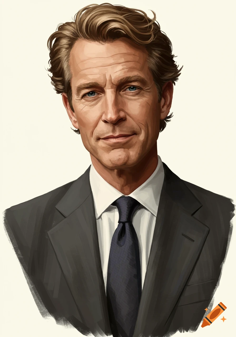 Close-up digital painting of a man with wavy brown hair and blue eyes wearing a dark suit and tie.