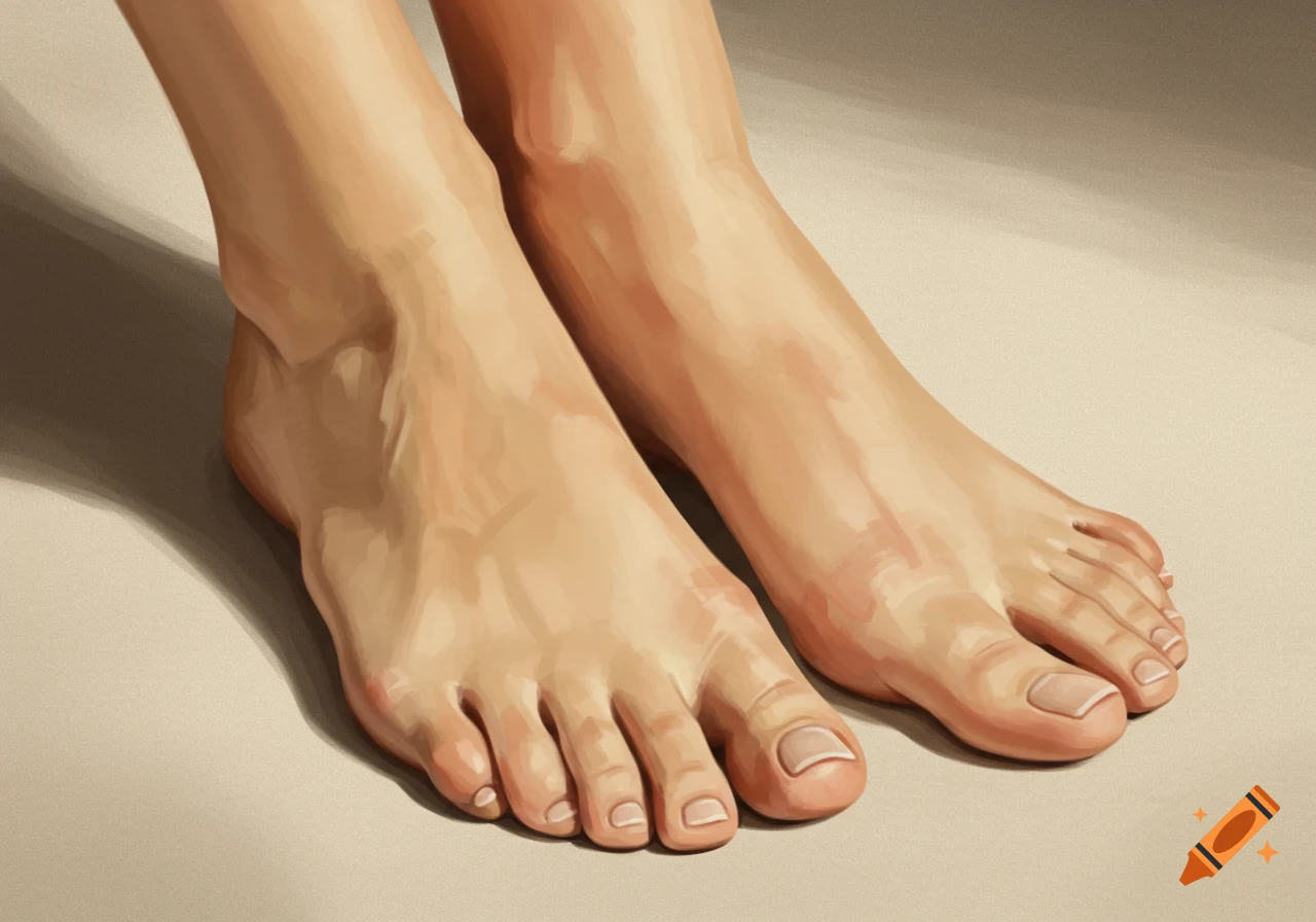 A pair of human feet with rounded toes, depicted in a realistic digital painting style.