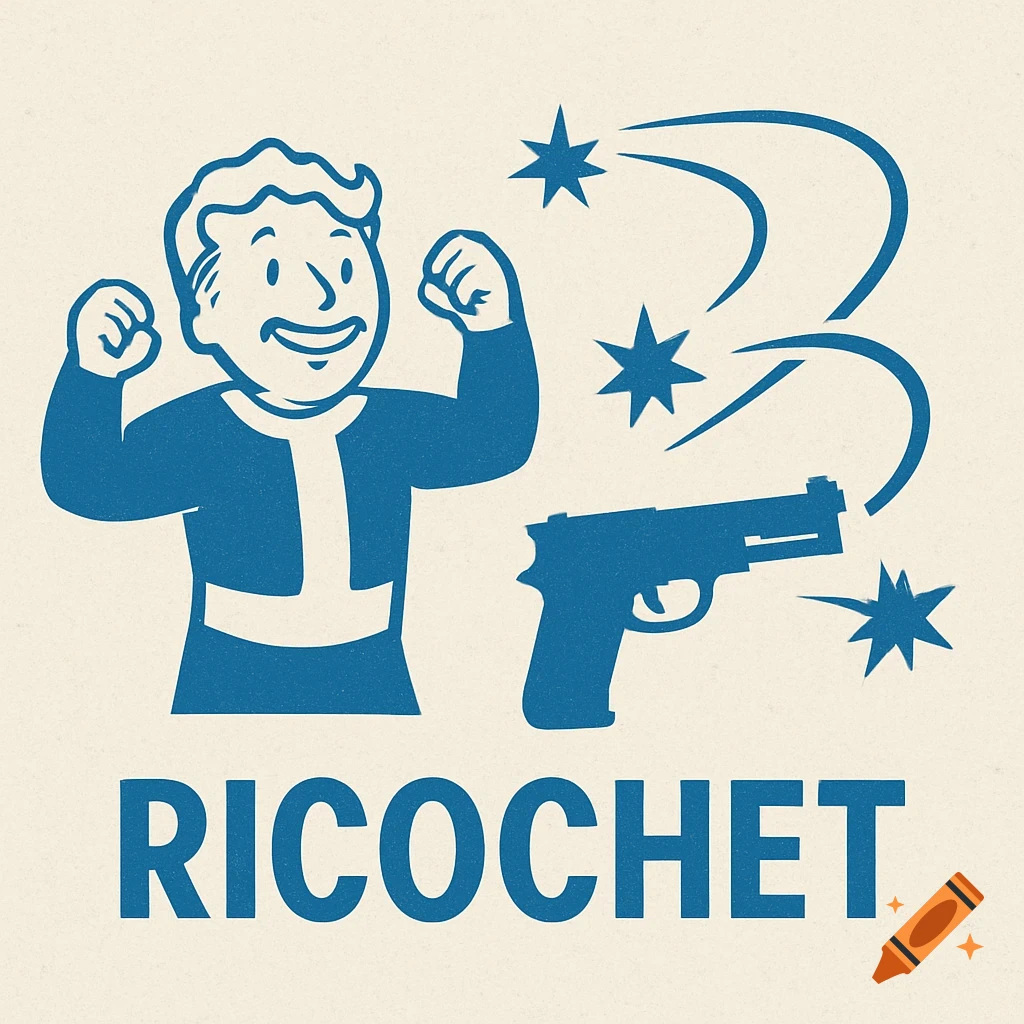 A blue and beige stylized cartoon of Fallout's Vault Boy posing, with a pistol and ricochet effects next to the word RICOCHET.