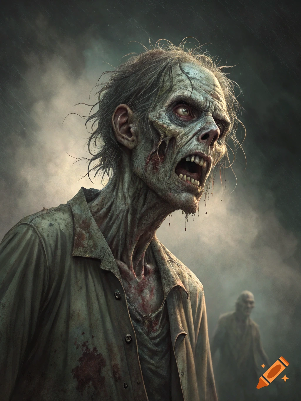 A photorealistic zombie with rotting skin, exposed teeth, and blood dripping from its mouth, set against a dark, smoky background.