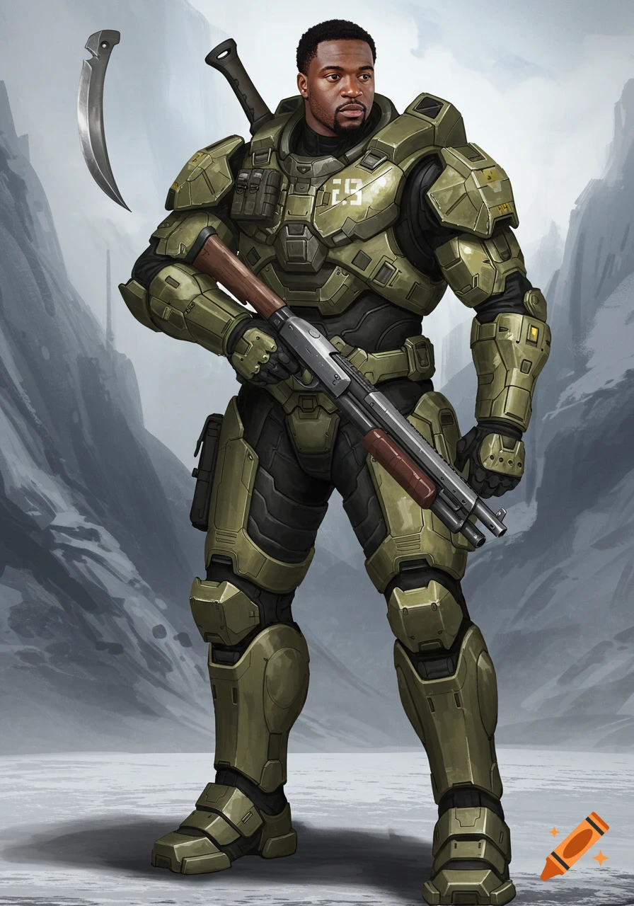 A muscular Black man in green futuristic military armor holds a shotgun in a snowy mountain landscape. A large knife floats next to him.