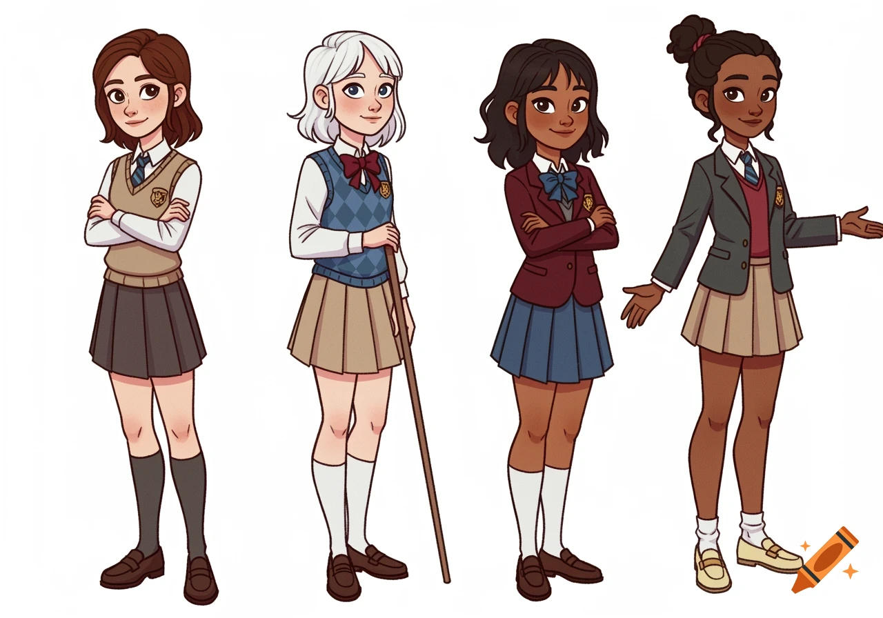 Four animated schoolgirls with different appearances and uniforms stand in a row against a white background.