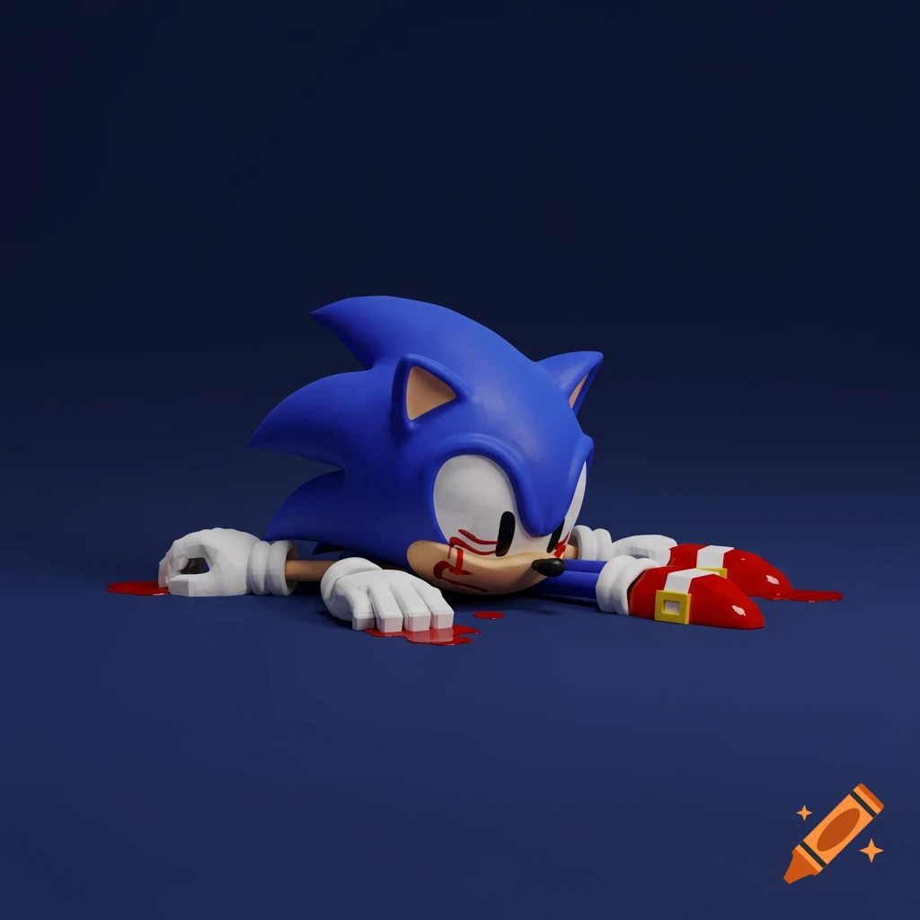 A 3D render of Sonic the Hedgehog lying on a dark blue surface, appearing injured with blood on his face and hands.