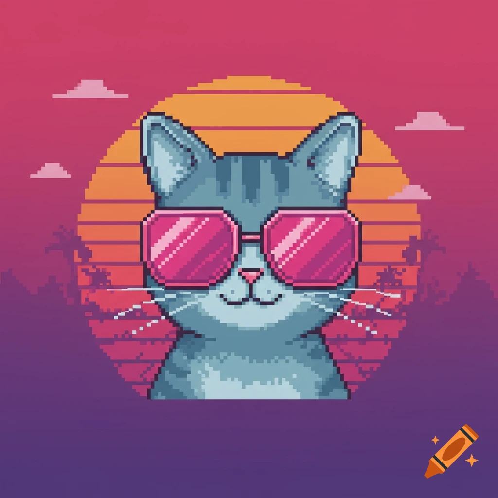 A cool pixel art cat wearing pink sunglasses in front of a retro sunset with palm trees.