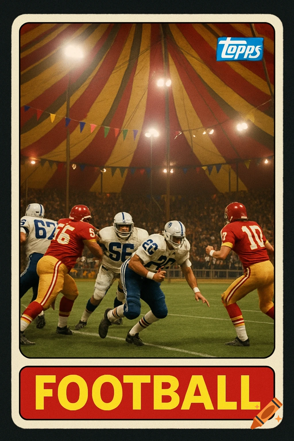 A vintage-style football trading card showing players in active play on a field inside a large circus tent with a striped ceiling and lights.