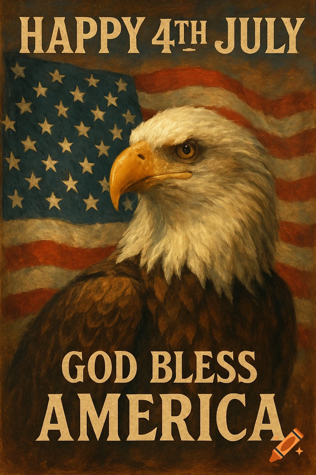 Vintage-style patriotic image featuring a bald eagle in front of an American flag with text 'Happy 4th July God Bless America'.