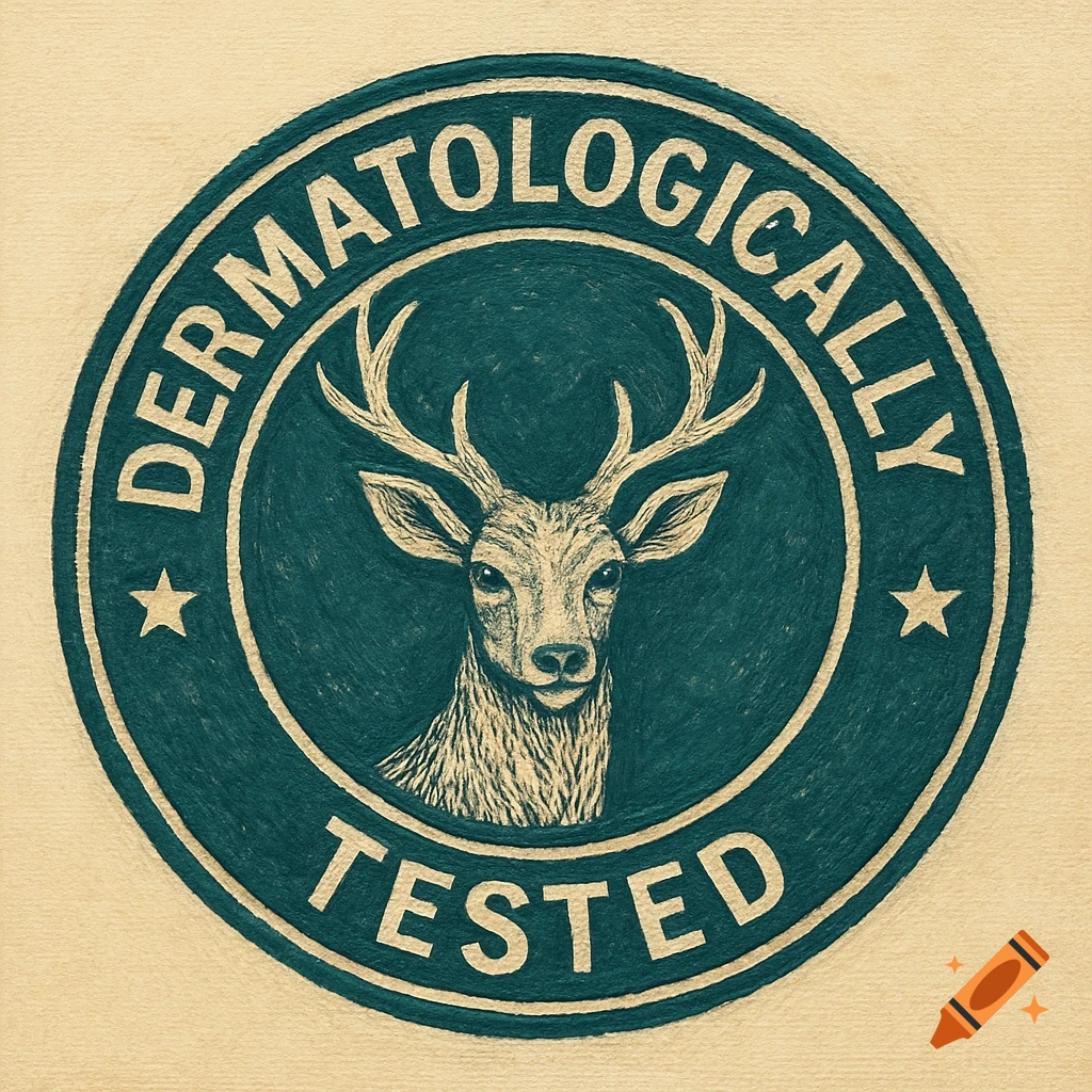 A circular stamp-style logo features a deer head with antlers in the center, encircled by the words 'DERMATOLOGICALLY TESTED' in a dark teal color on a textured light background, with stars on either side of the deer.