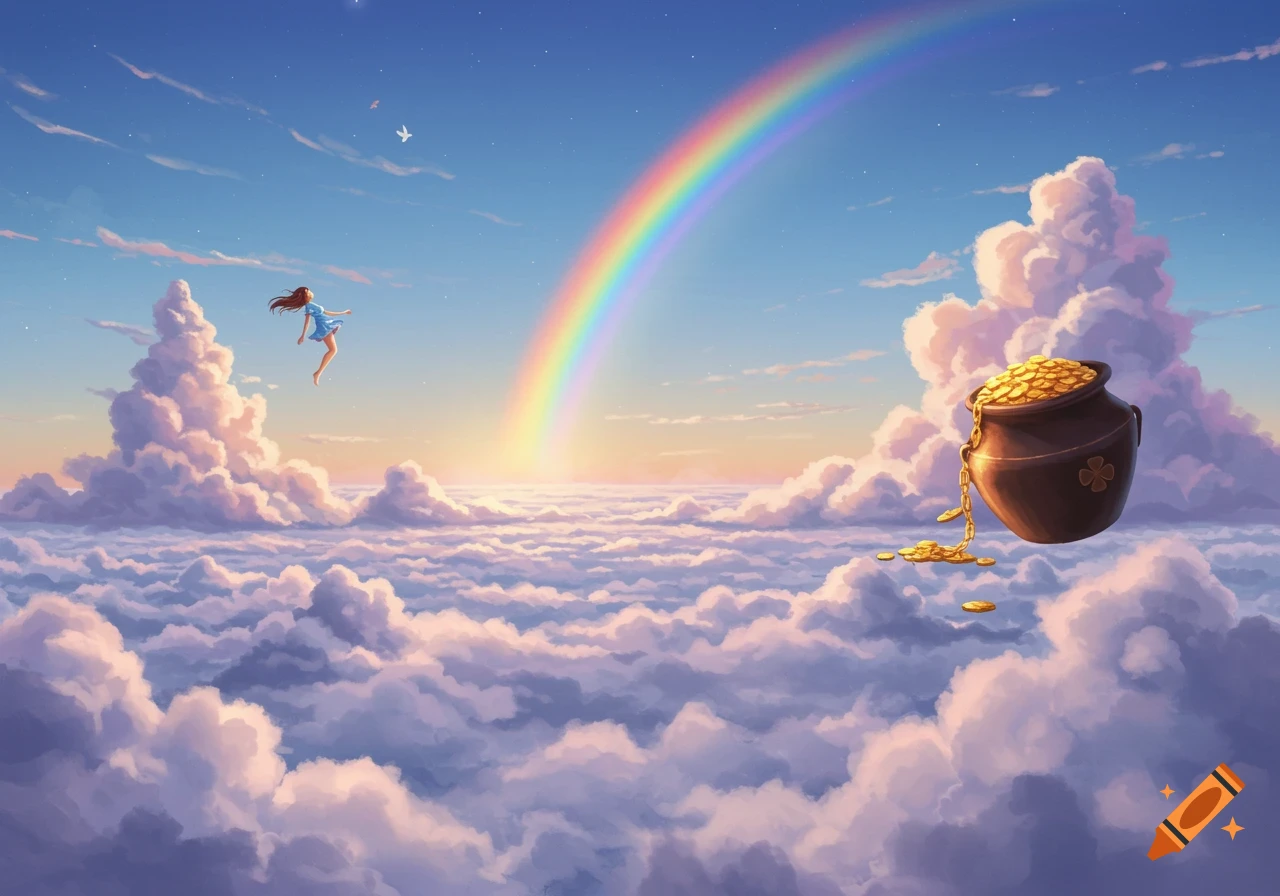 A girl floats above a vast sea of clouds with a vibrant rainbow arching overhead towards a floating pot of gold, in a dreamlike illustration.