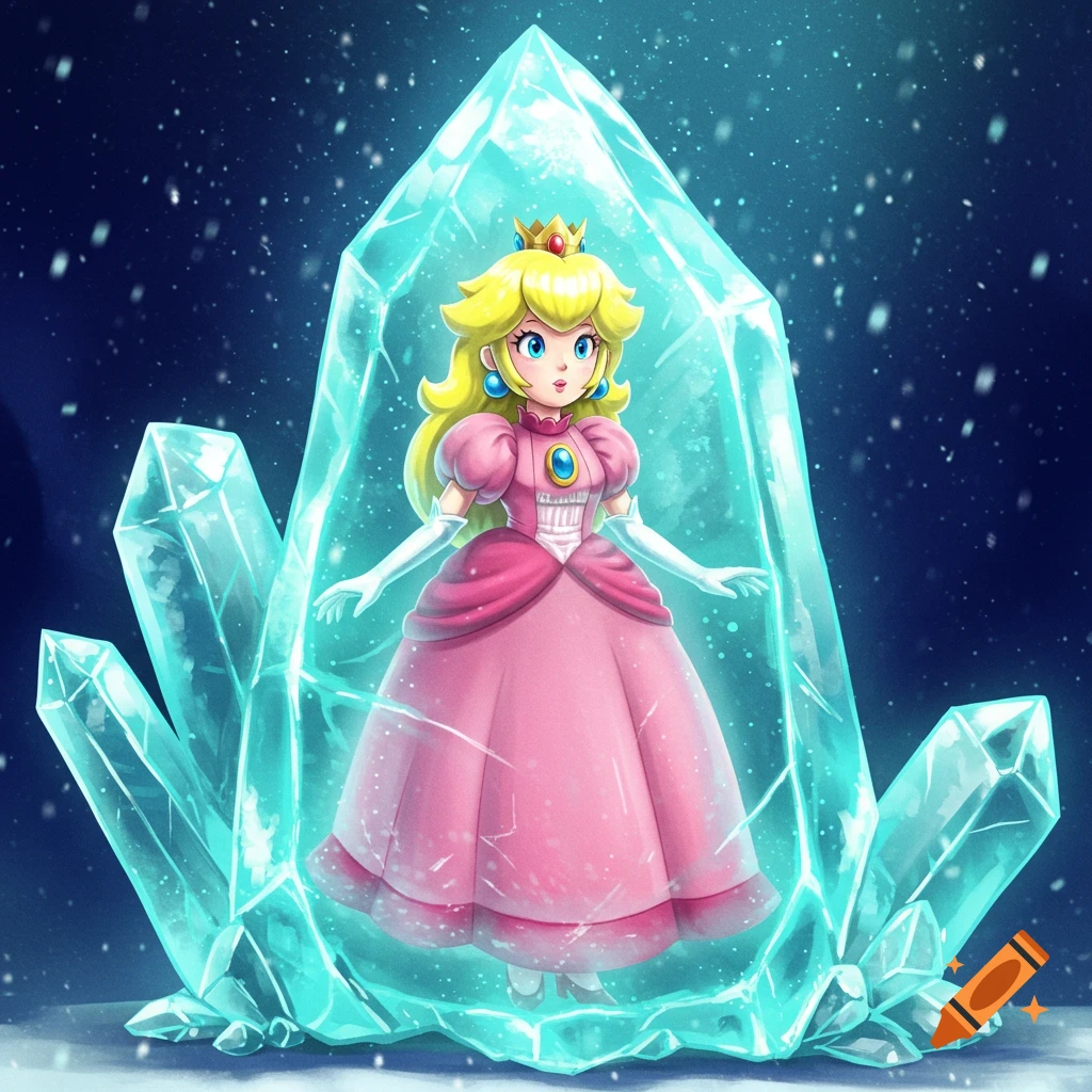 Princess Peach, wearing a pink gown and crown, stands frozen inside a tall, glowing blue ice crystal, surrounded by smaller ice shards against a dark blue, snowy background.