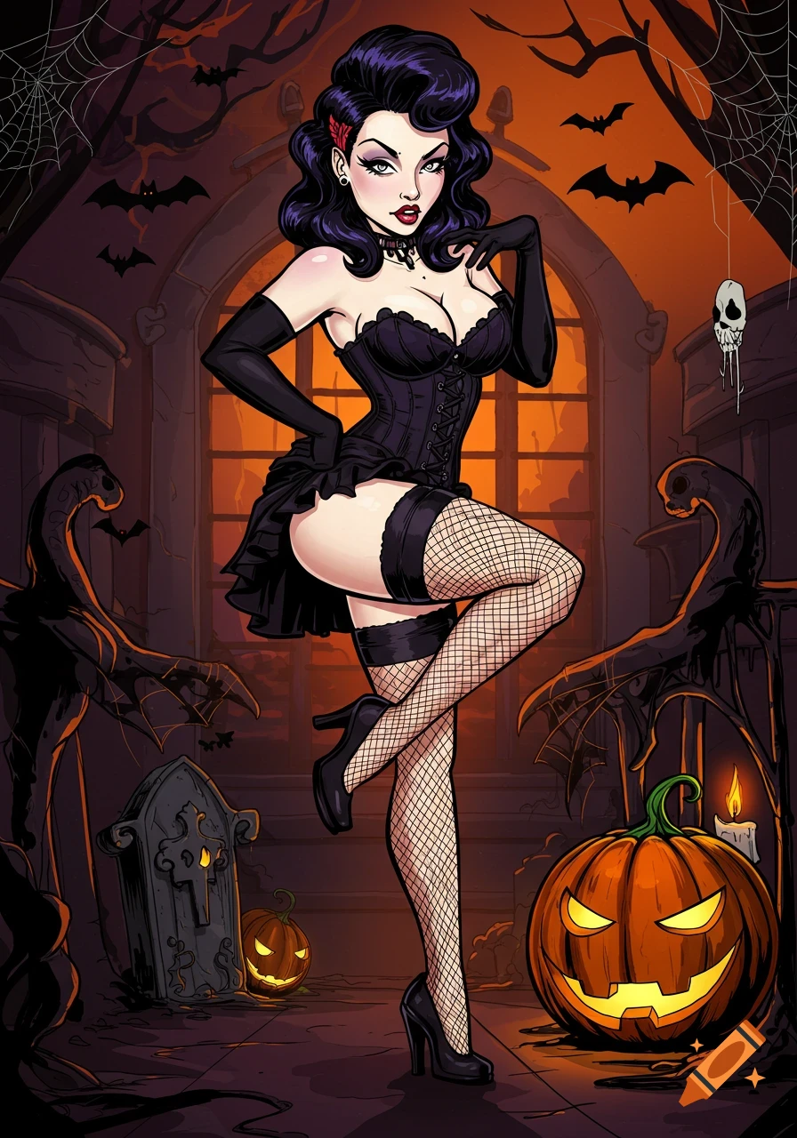 A pin-up style goth woman in a corset and fishnets poses in a spooky Halloween setting with pumpkins and bats, comic art style.