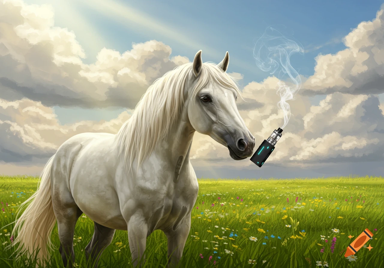 A white horse with long mane stands in a green meadow under a cloudy sky, exhaling smoke from a vape device.