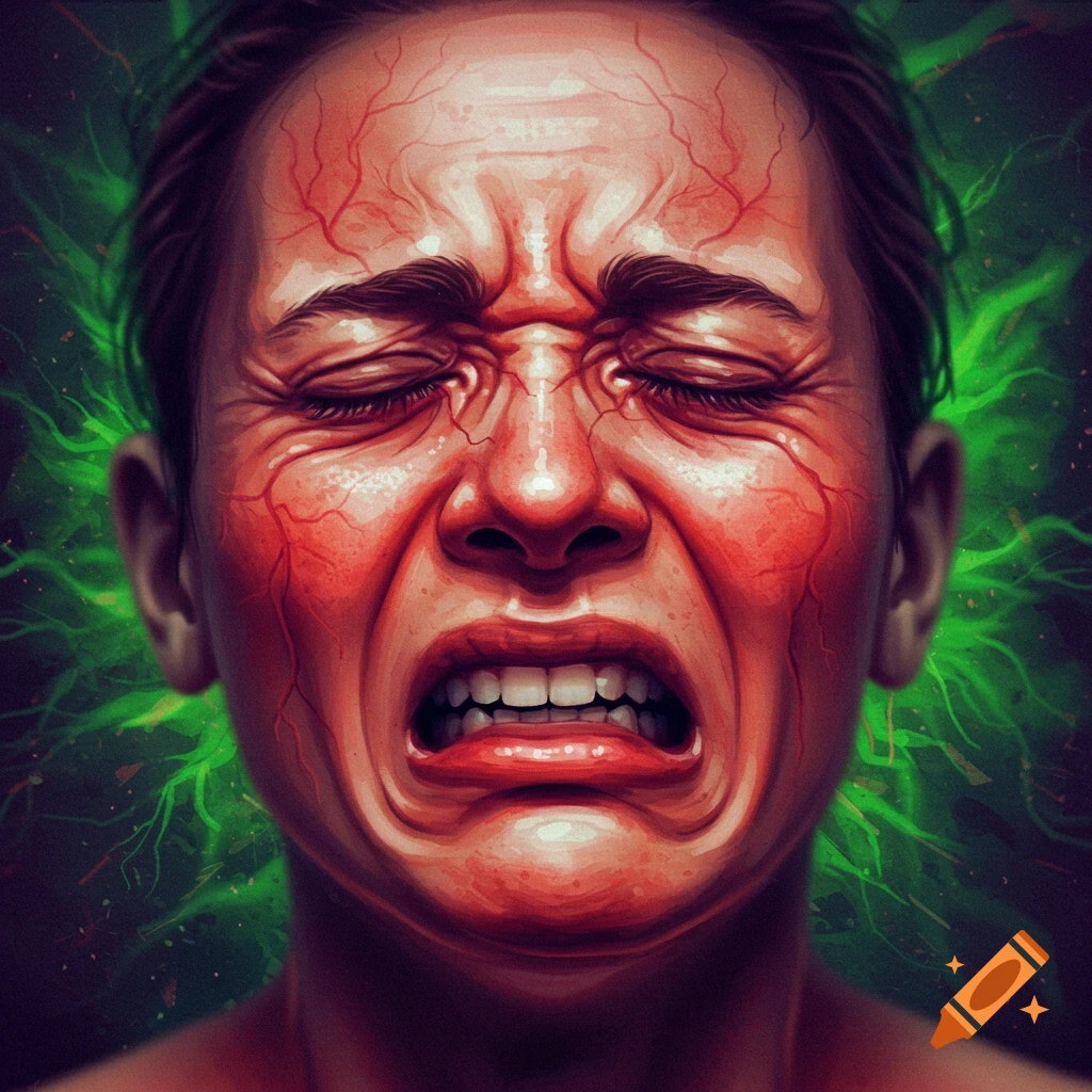 A close-up of a person's face contorted in intense pain, with prominent red veins visible on the skin, against a vibrant green, abstract background.