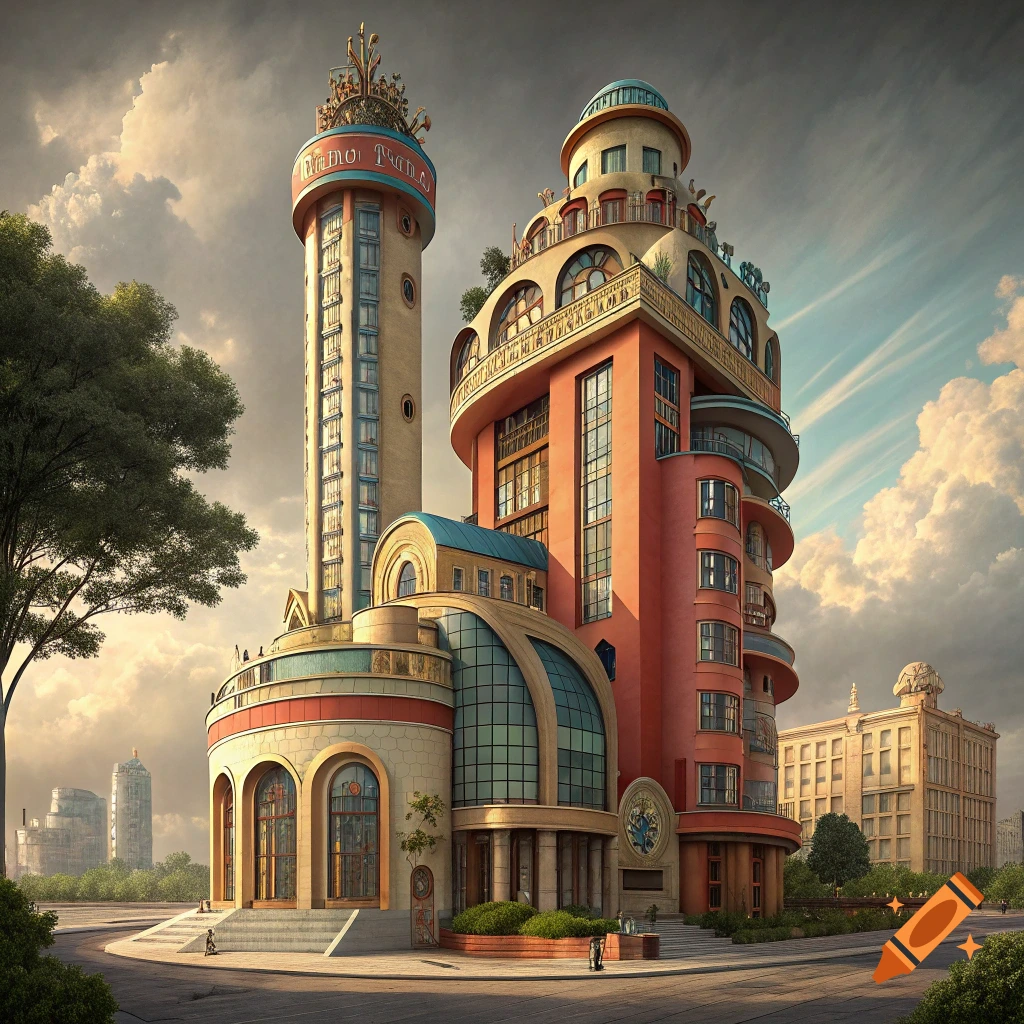 A vibrant postmodern building with a tall tower and a rounded multi-story section, featuring colorful facades and unique windows.
