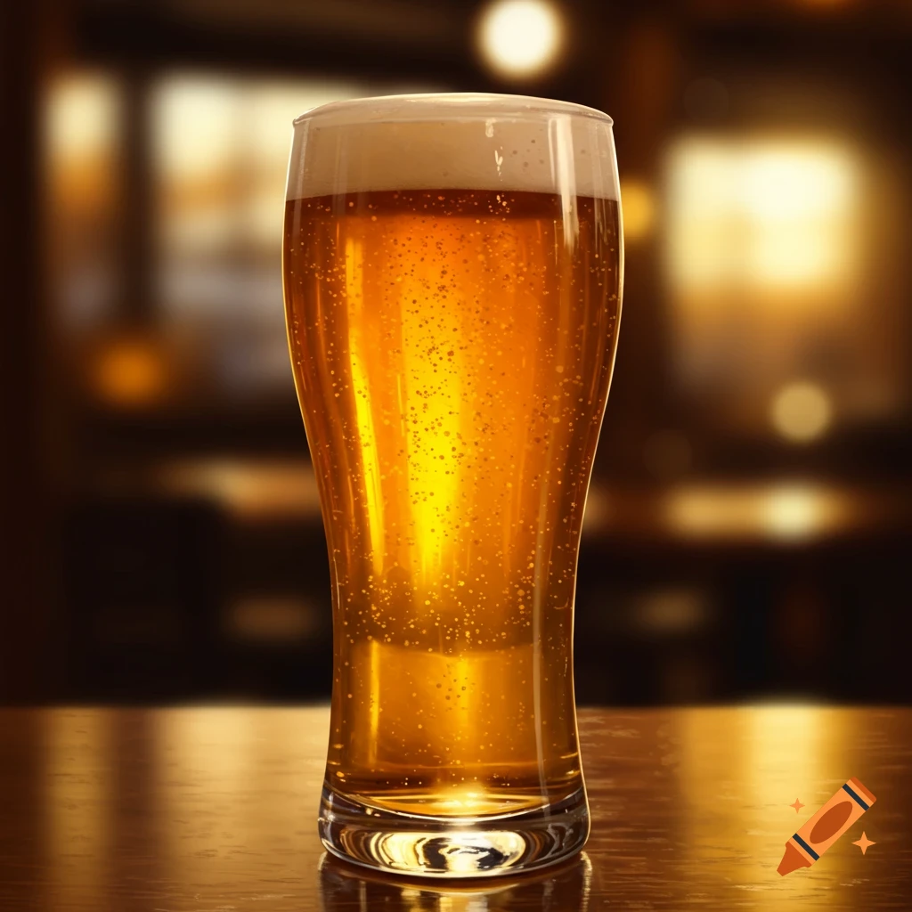 A photorealistic glass of light amber beer with a foamy head, on a reflective wooden table against a blurred, warm background.