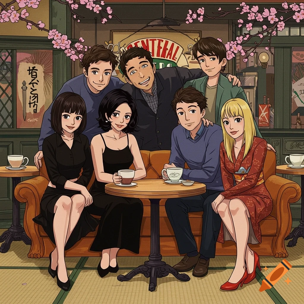 Anime-style illustration of six friends in a cafe, reminiscent of Central Perk, with cherry blossoms and Japanese-style decor.