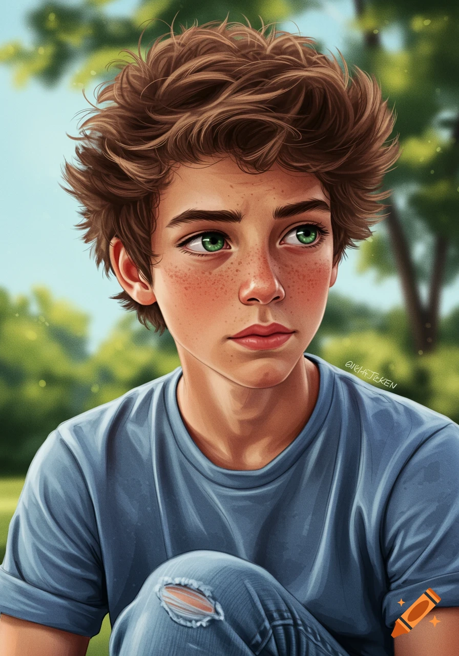 Digital painting of a teenage boy with messy brown hair, green eyes, and freckles, wearing a blue t-shirt and ripped jeans, outdoors.
