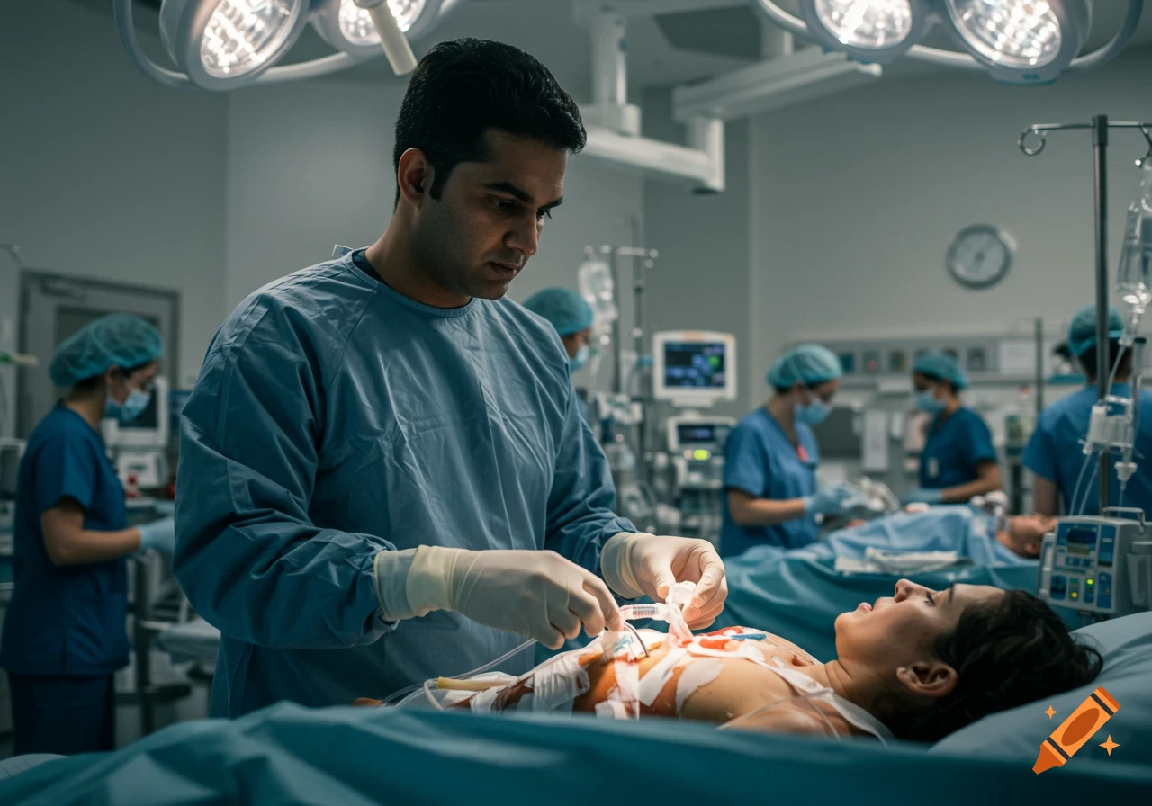 A doctor in scrubs performing a medical procedure on a patient in an operating room.