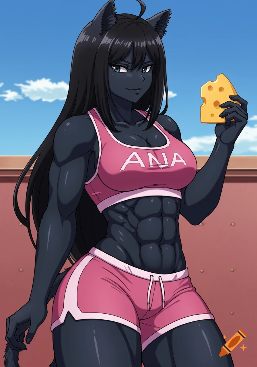 Anime anthropomorphic black cat woman with long hair, muscular, in a pink sports bra and shorts, holding a slice of Swiss cheese.