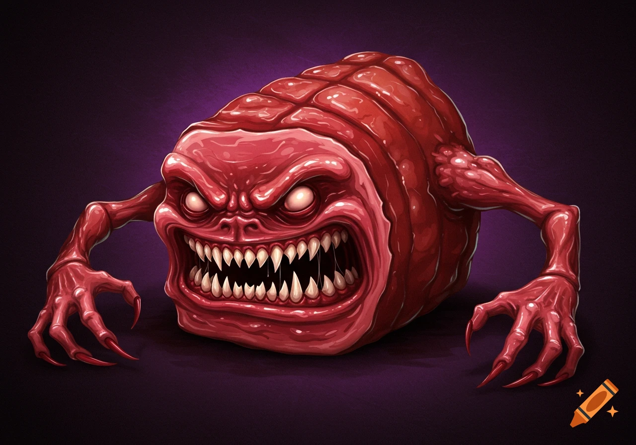 A grotesque, fleshy red monster resembling a slab of ham with sharp teeth, glowing white eyes, and long claws, against a dark purple background.