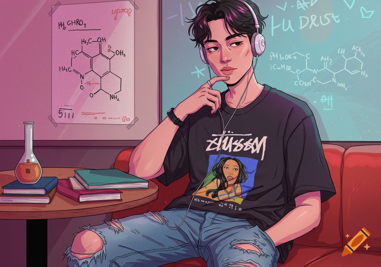 An anime-style illustration of a young man with headphones, wearing a black t-shirt and ripped jeans, sitting on a red couch in a room with whiteboards featuring chemical formulas.