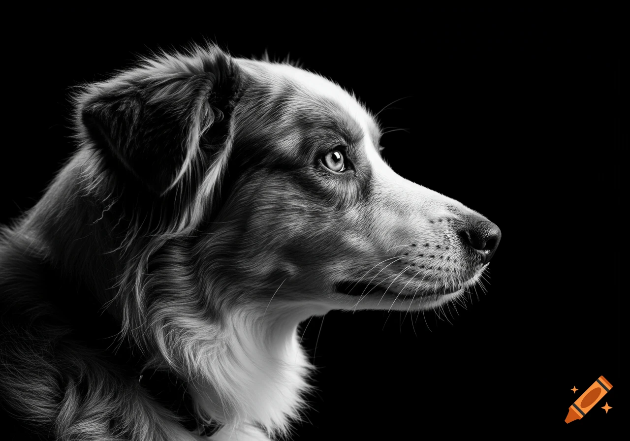 A high-contrast black and white close-up profile portrait of an Australian Shepherd dog against a black background.