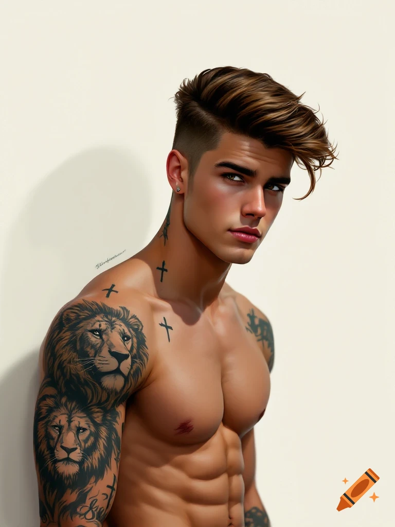 Photorealistic portrait of a shirtless young man with slicked-back hair and detailed lion and cross tattoos.