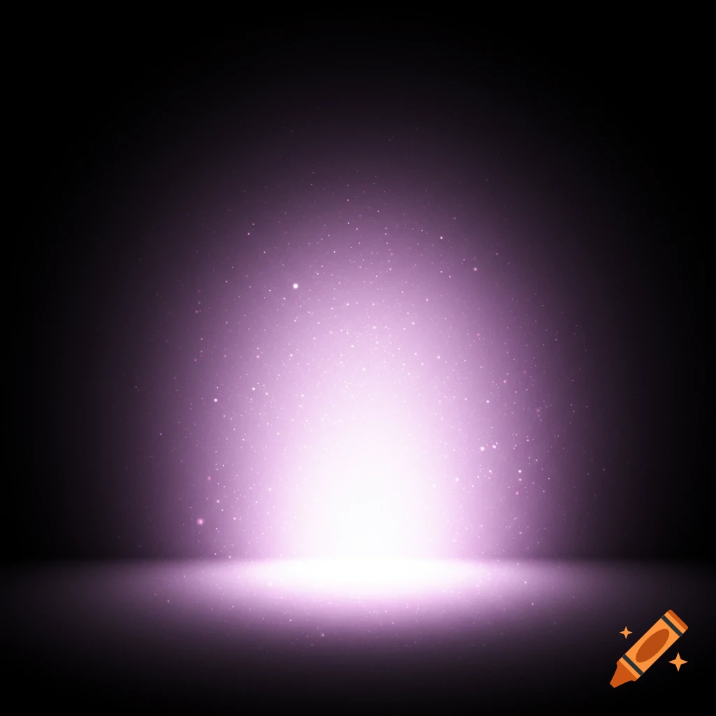 A vibrant purple light glows from the center of a dark space, illuminating tiny dust particles.