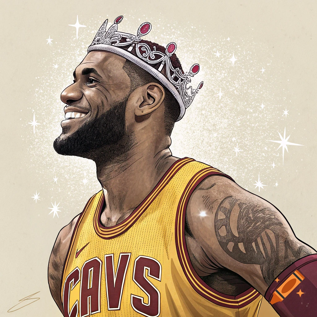 An illustrated portrait of Lebron James wearing a crown and a Cleveland Cavaliers jersey, smiling.