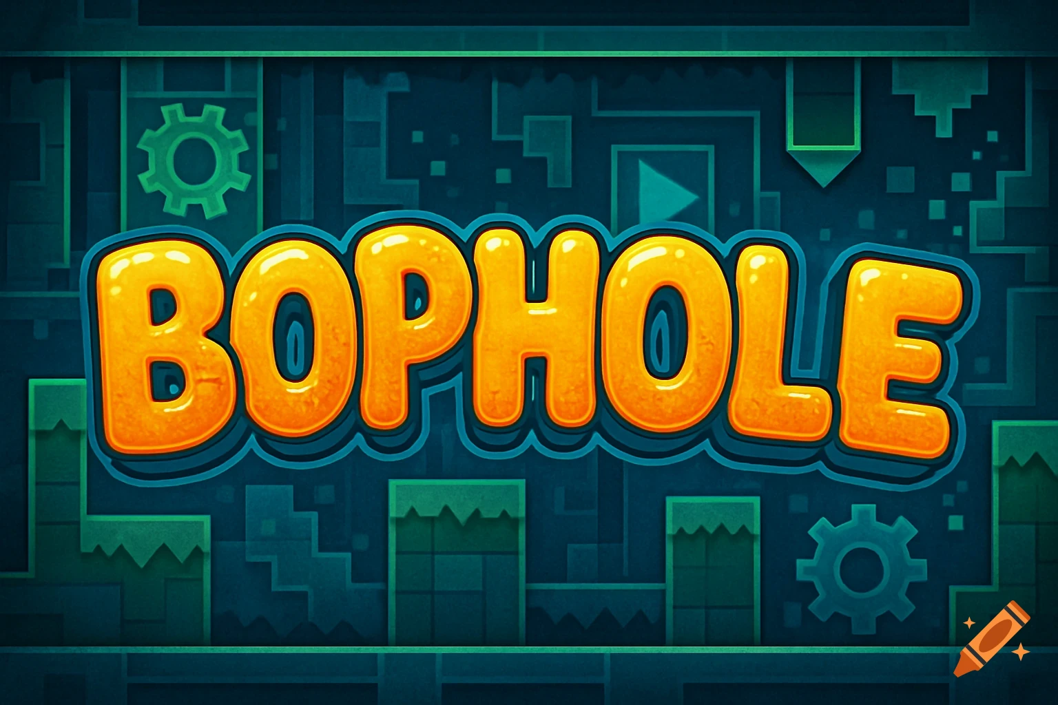 Orange bubbly text "BOPHOLE" over a dark teal pixelated video game level background with gears.