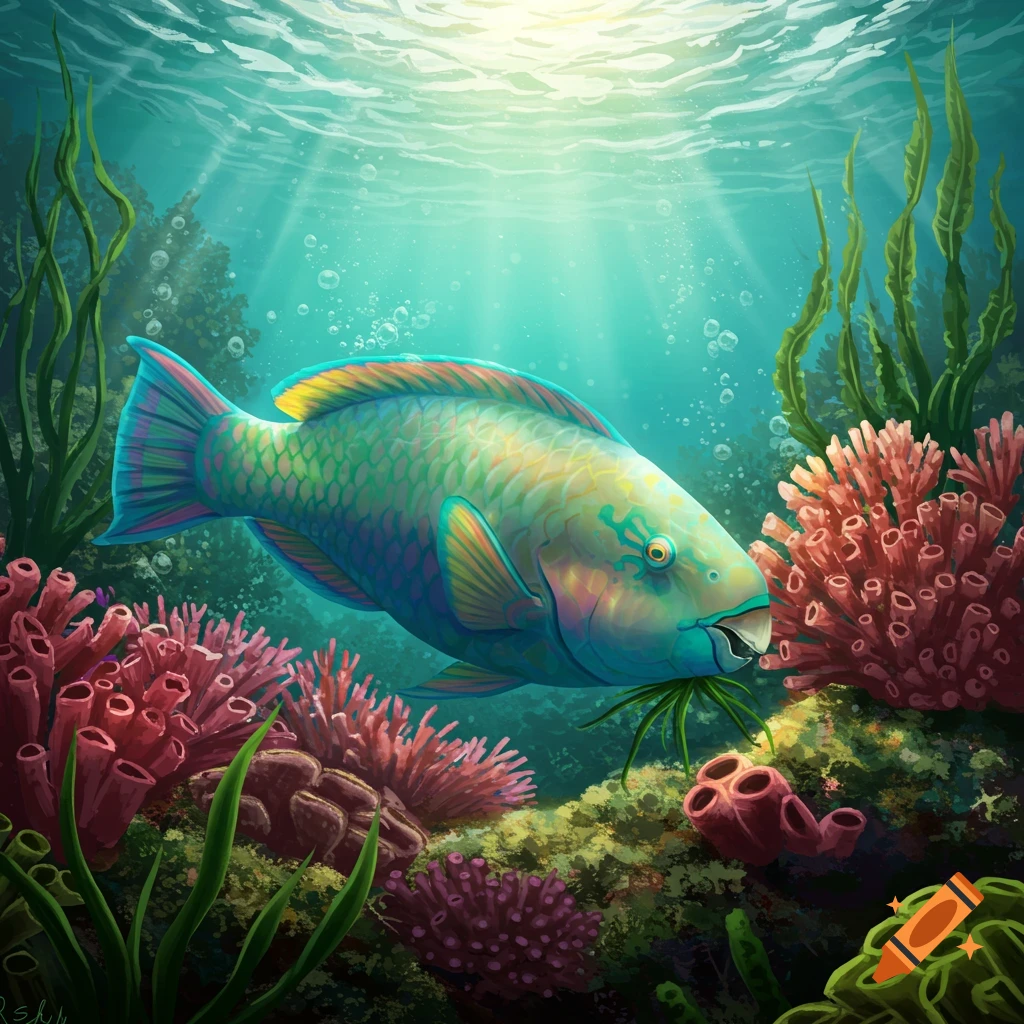 A vibrant parrotfish swims through a colorful coral reef with sunlight filtering from above.