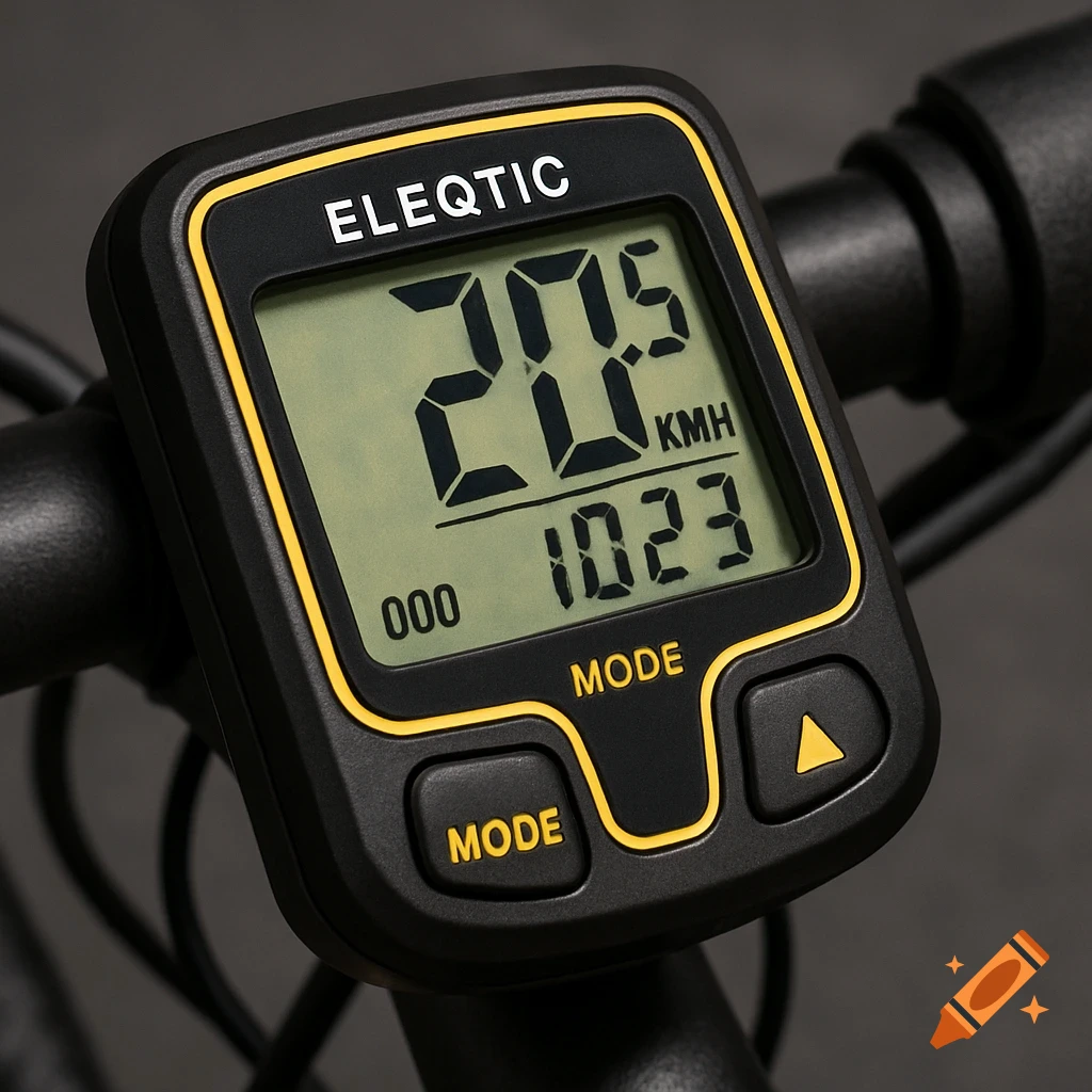 Close-up of a black and yellow ELEQTIC digital bicycle odometer displaying 20.5 KMH, mounted on handlebars.