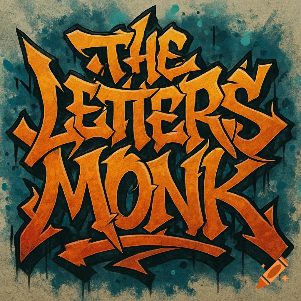 Orange wildstyle graffiti text reads 'The Letters Monk' on a textured blue-green background.