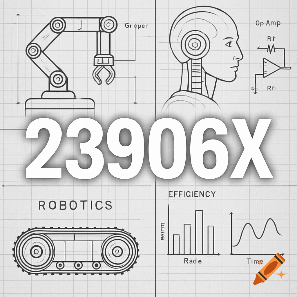 Blueprint-style diagrams of a robotic arm, a human head with a robot brain, a robot track, and efficiency graphs, with the large white text "23906X" in the foreground.