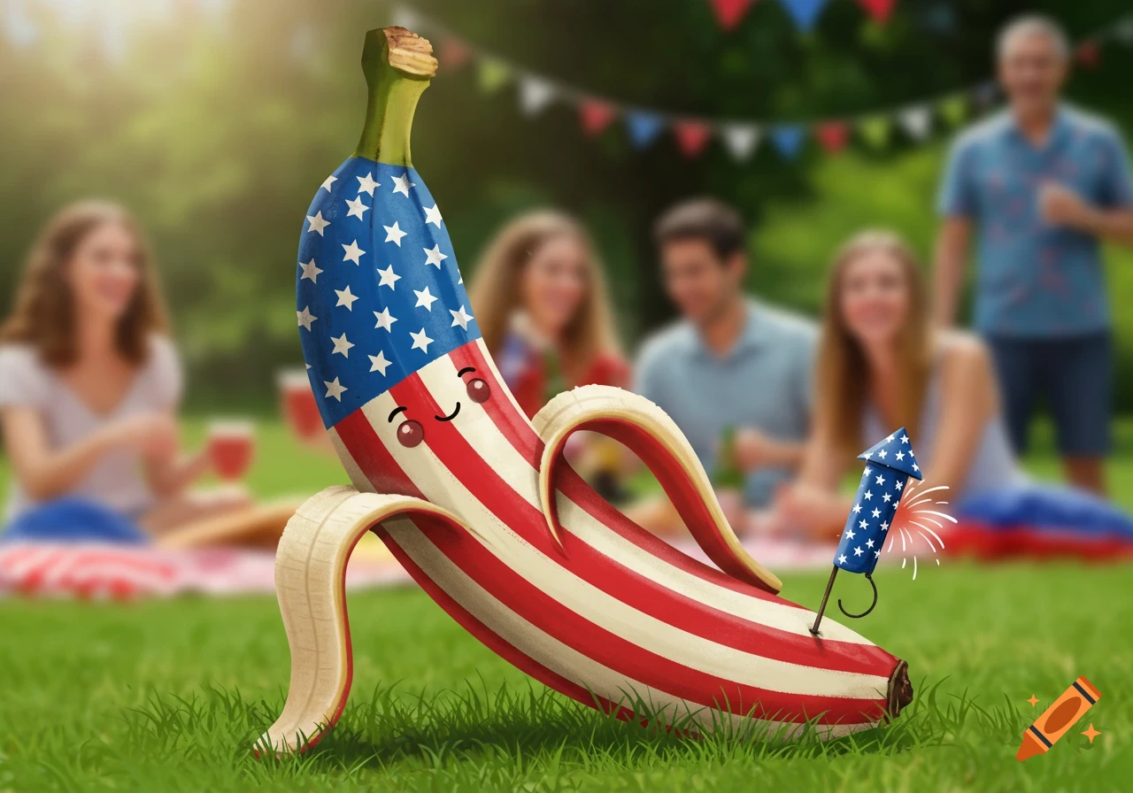 A cartoon banana decorated with the American flag stands in green grass at a blurred outdoor picnic with people in the background, a small firework next to it.