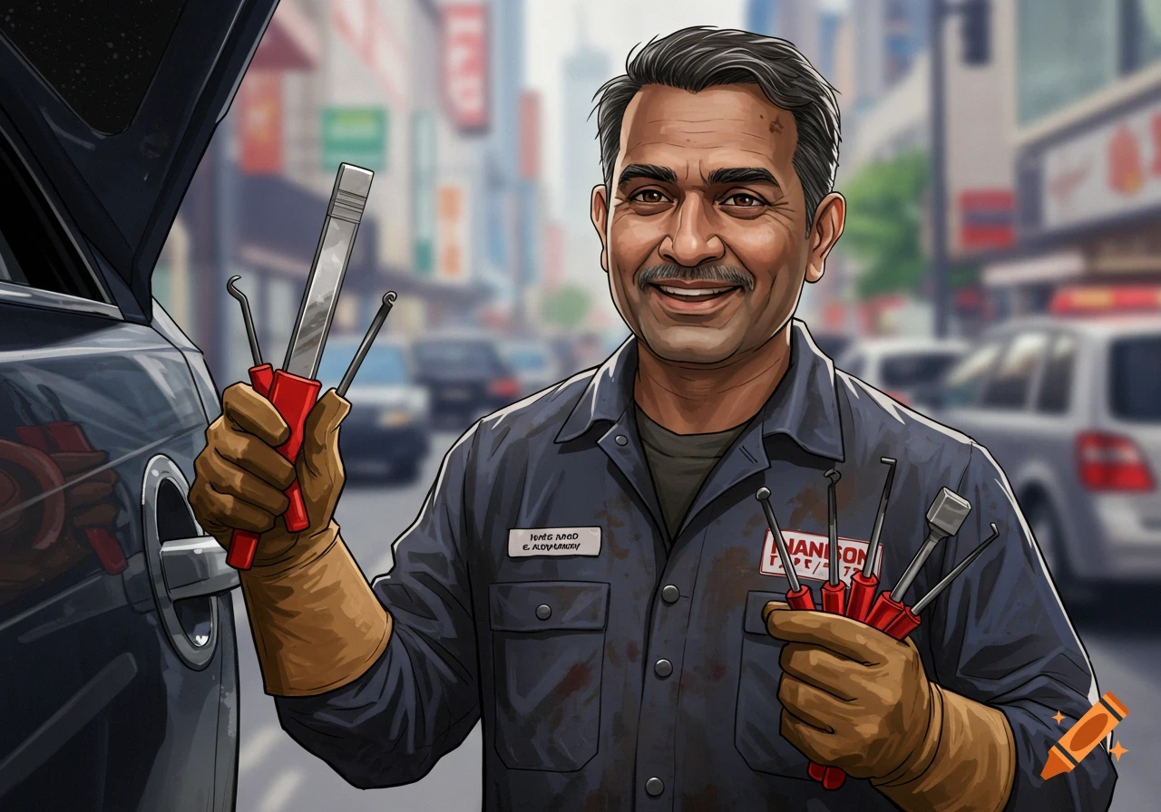A smiling male auto locksmith in uniform and gloves holds an assortment of lock-picking tools next to a car in an urban setting, in an illustrated style.