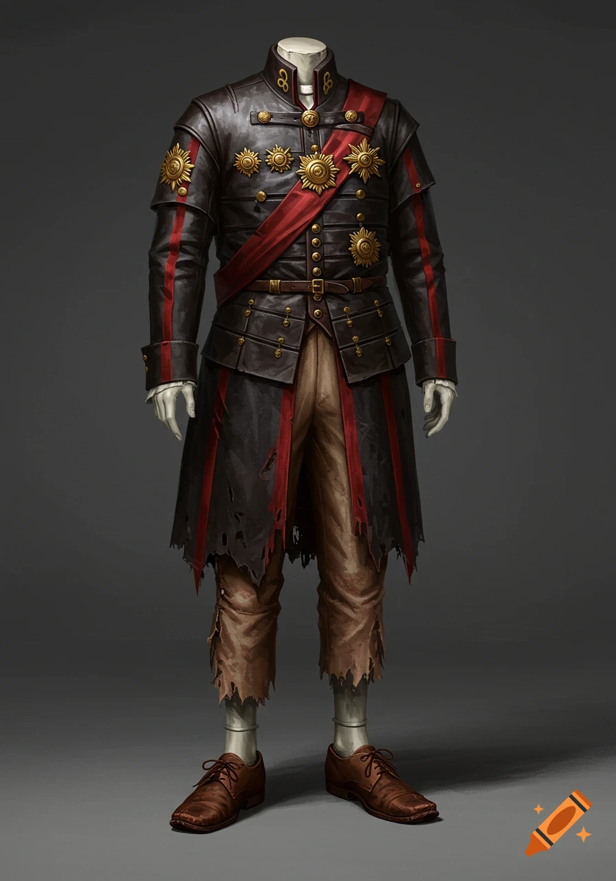 A mannequin dressed in a dark, distressed military-style uniform with red stripes, gold badges, a red sash, torn trousers, and brown leather shoes.