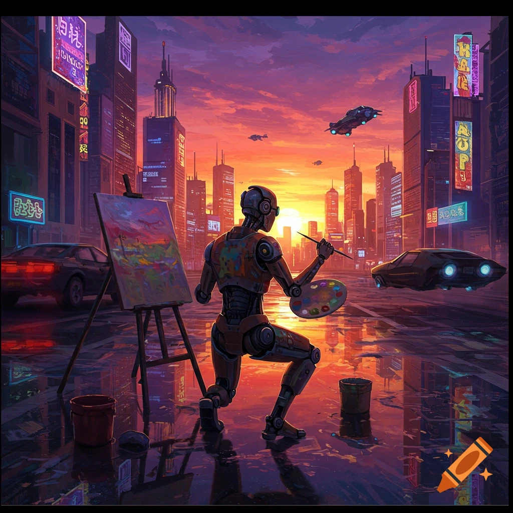 A humanoid robot paints a vibrant cyberpunk city skyline at sunset, with neon signs, flying cars, and reflective puddles.
