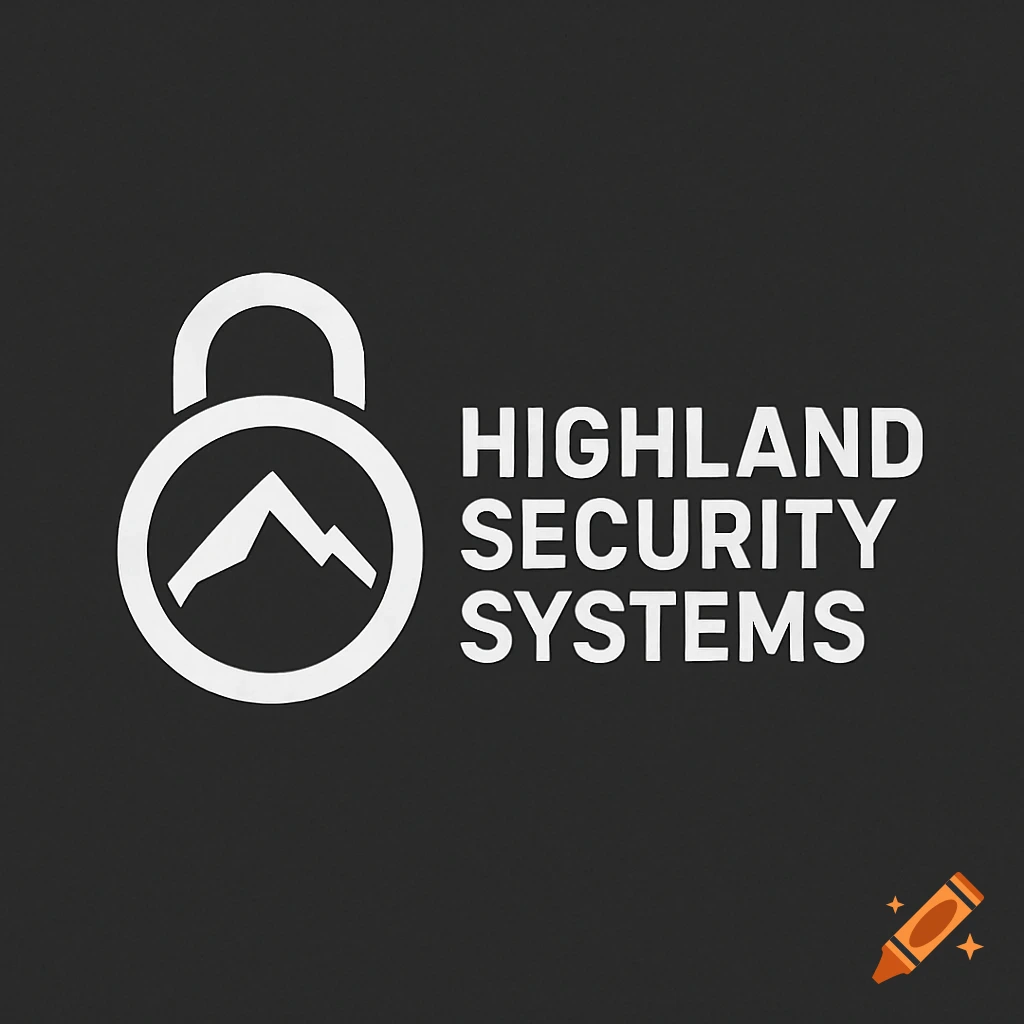 White Highland Security Systems logo with a padlock icon featuring a mountain peak, on a dark background.