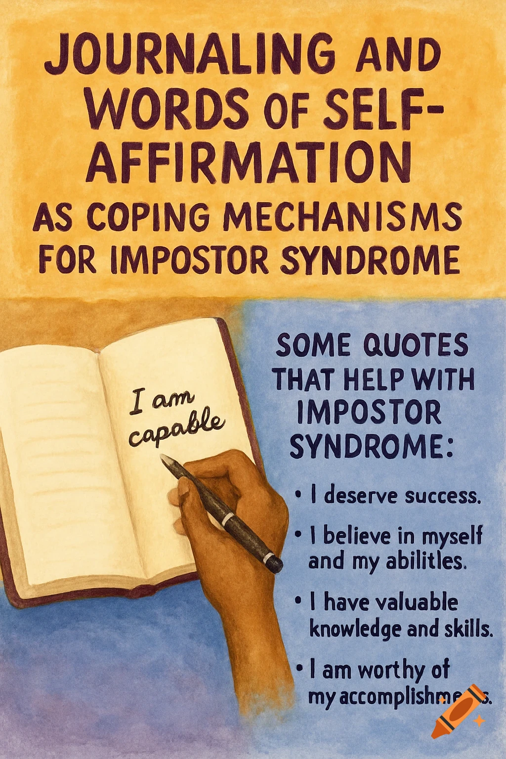 An educational flyer about journaling and self-affirmation for impostor syndrome, featuring a hand writing in a journal and a list of affirmations.