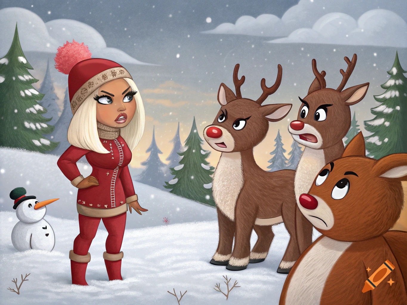 Cartoon illustration of Nicki Minaj in a red winter outfit looking angrily at three frowning reindeer in a snowy forest.