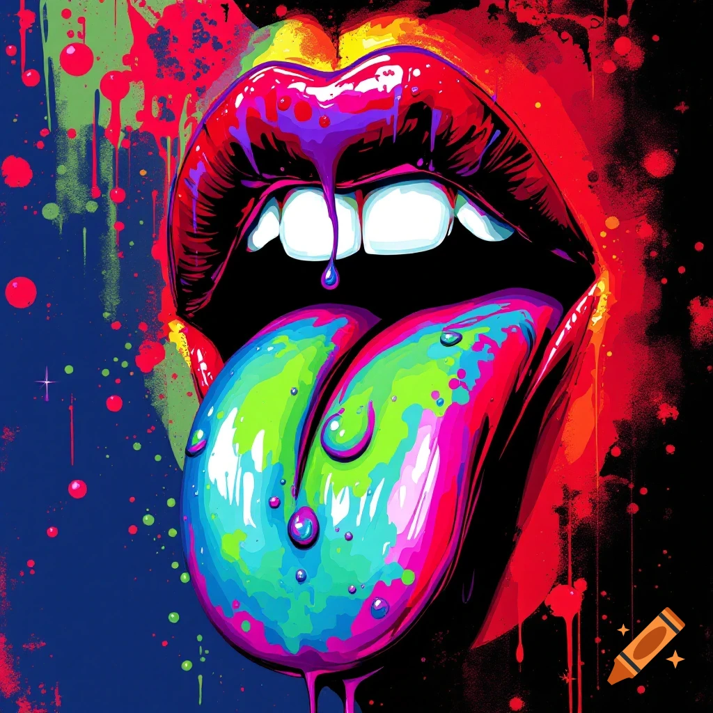 Vibrant pop art illustration of red lips with dripping purple lipstick and a multi-colored psychedelic tongue with water droplets.