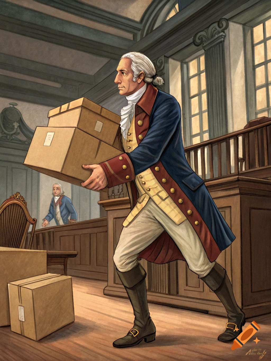 A man resembling George Washington in colonial attire carries cardboard boxes through a historical-looking building.